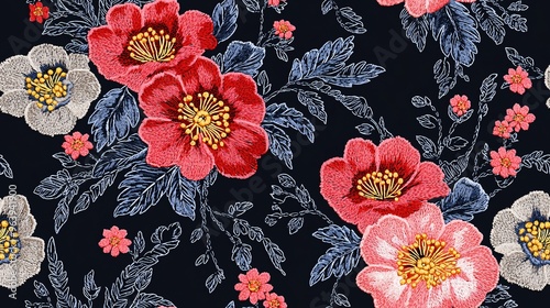 Seamless floral embroidery design features exquisite blossoms on a dark backdrop, ideal for fashion textiles and various printed materials.