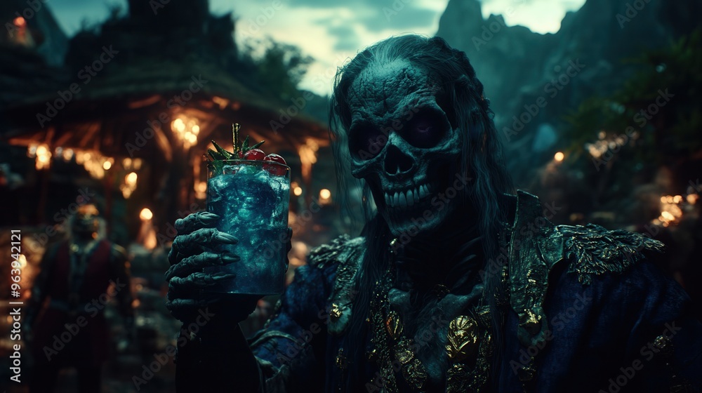 Skeleton pirate in detailed costume holding a drink in eerie, dimly lit, Halloween-themed setting with a backdrop of spooky decorations. Skeleton pirate in detailed costume holding a drink in eerie, dimly lit, Halloween-themed setting with a backdrop of spooky decorations.