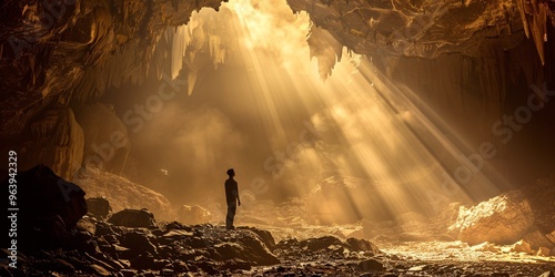 Man cave exploring with Beam of illumination. photo