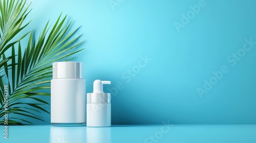 Sunlit white cosmetic jars and tubes, blue background, palm leaf shadows, flat design illustration