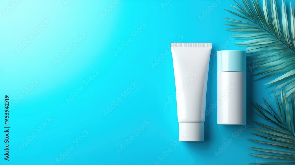 White cosmetic tubes, sun rays and palm shadows, flat lay on blue background, flat design illustration White cosmetic tubes, sun rays and palm shadows, flat lay on blue background, flat design illustration