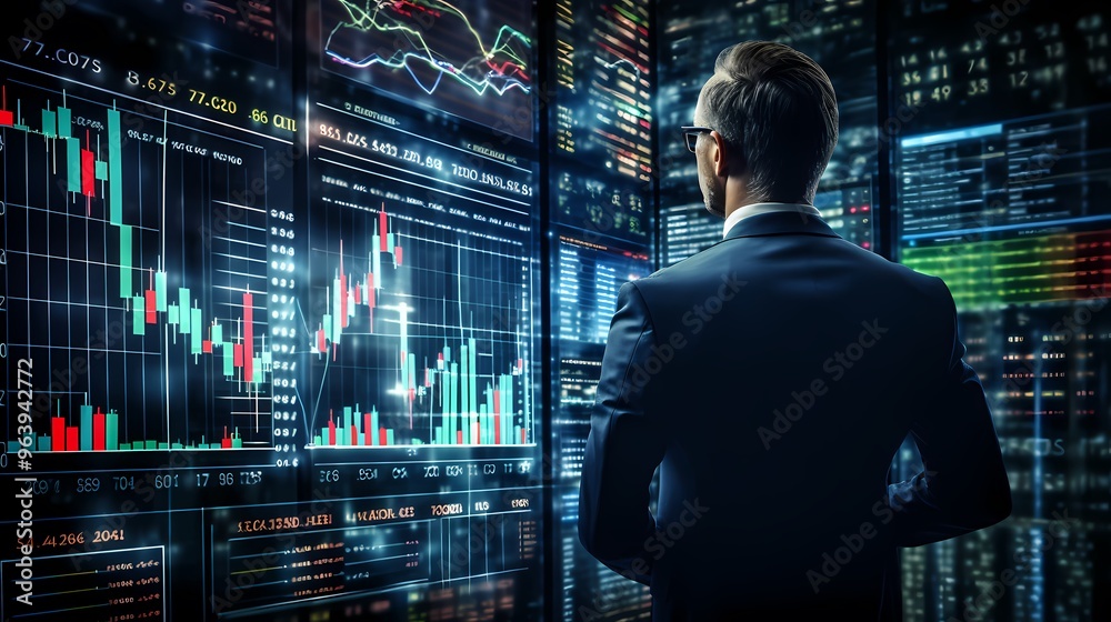 A businessman analyzing global stock market data on a digital screen with financial charts. A businessman analyzing global stock market data on a digital screen with financial charts.