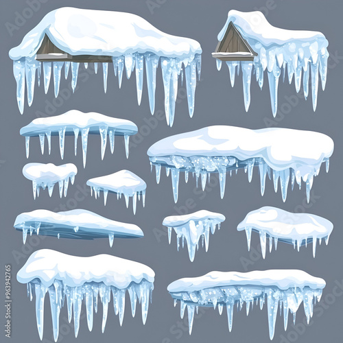 Snow caps snowy ice and frozen icicles vector cartoon, White snow caps set on colorful background,Generative AI