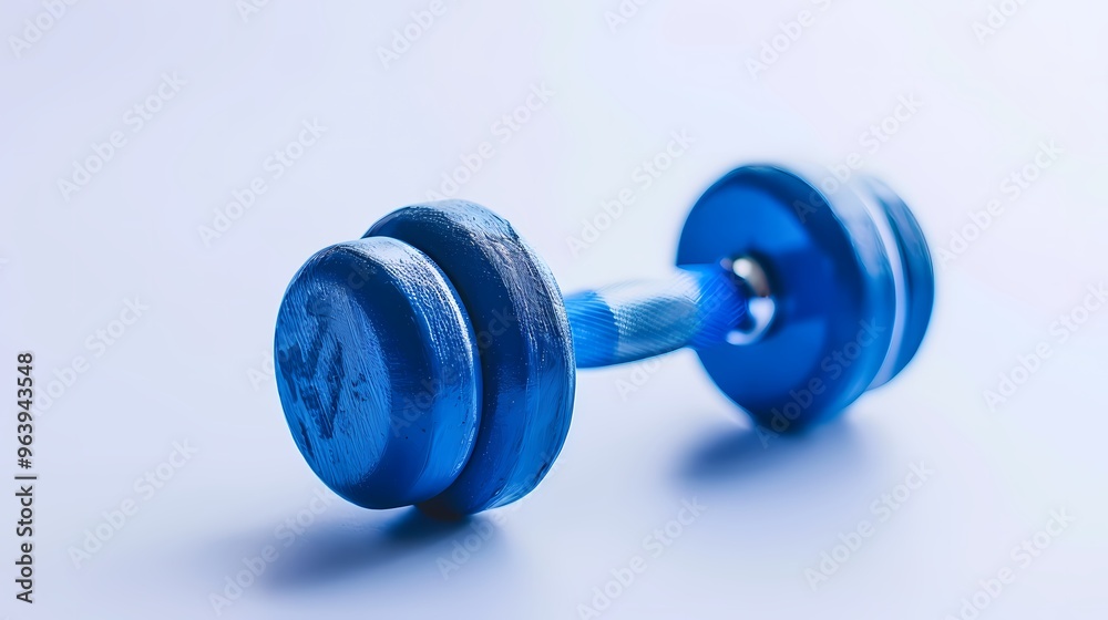 A single blue dumbbell placed against a matching blue background in a minimalist style. A single blue dumbbell placed against a matching blue background in a minimalist style.