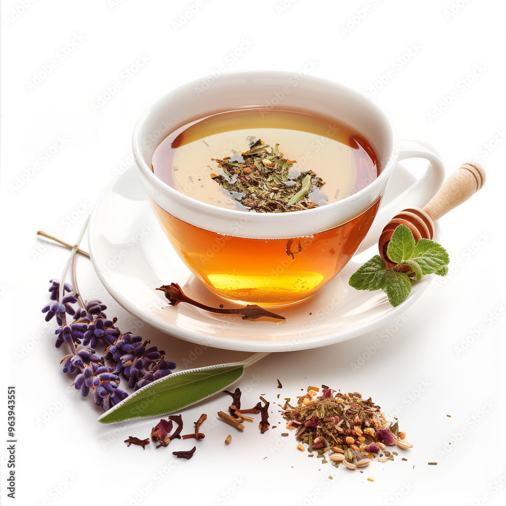 Cup of herbal tea on white background, dried herbs and honey stick Cup of herbal tea on white background, dried herbs and honey stick