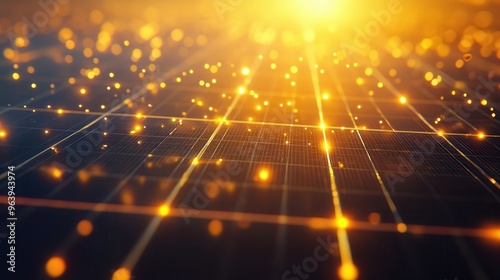 Illuminated Energy: Photorealistic Closeup of Solar Panels Generating Golden Beams of Power