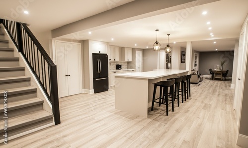 A beautifully renovated basement with a white countertop and a stylish staircase