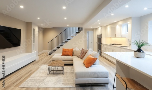 A beautifully renovated basement with a white countertop and a stylish staircase