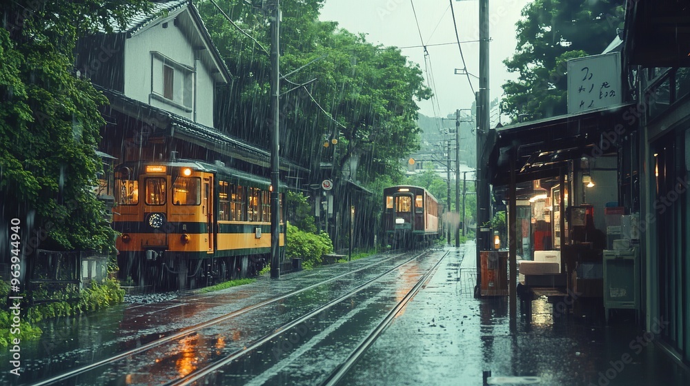 Naklejka premium Lofi Beautiful Japanese Japan Village City with Railway Station Train Wagon and Shop Town with Rainy Rain - Anime Manga Comic Cozy Chill Relax Asian Architecture Background Wallpaper 