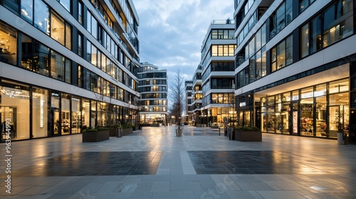 Modern Architecture with Glass Facade and Shops at Dusk