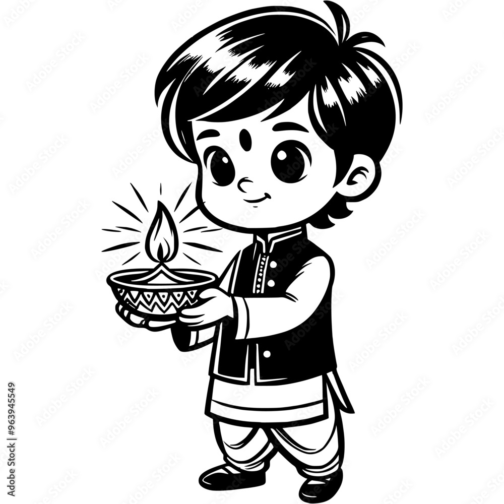 Indian prince dressed in national Indian clothes holding lit candle in monochrome. Simple minimalistic vector in black ink drawing on transparent background Indian prince dressed in national Indian clothes holding lit candle in monochrome. Simple minimalistic vector in black ink drawing on transparent background