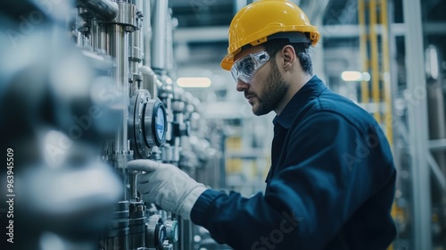 young engineer man carefully monitoring hydrogen gas levels in a storage facility, high-tech sensors in use