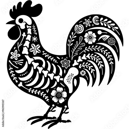 Silhouette of cockerel skeleton is decorated with Mexican floral patterns and in monochrome. Simple minimalistic vector in black ink drawing on transparent background