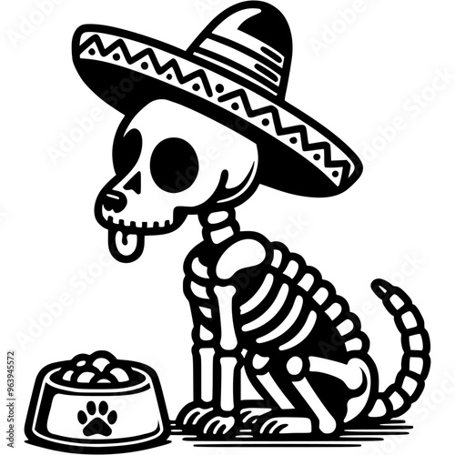 Mexican dog in skeleton costume sits in front of low table with food in monochrome. Simple minimalistic vector in black ink drawing on transparent background