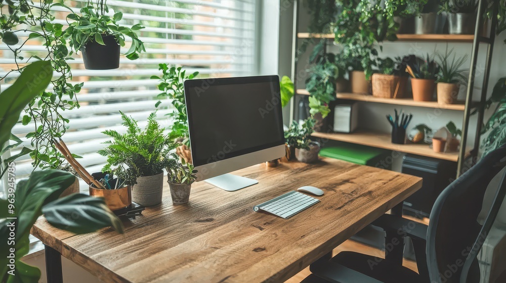 Fototapeta premium Modern Home Office Desk with Plants and Computer