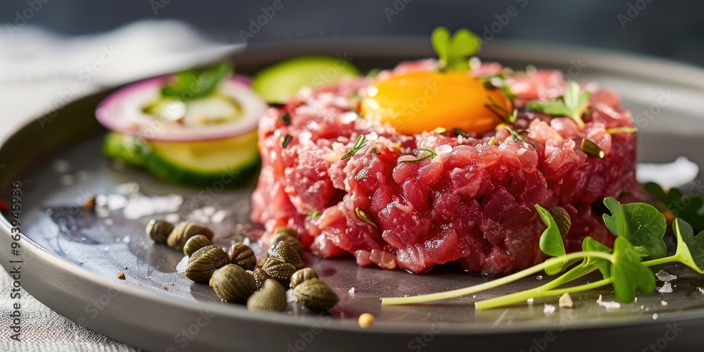 Close-up of gourmet beef tartare with egg yolk, gherkin, capers, and onion presented on a contemporary plate. Close-up of gourmet beef tartare with egg yolk, gherkin, capers, and onion presented on a contemporary plate.