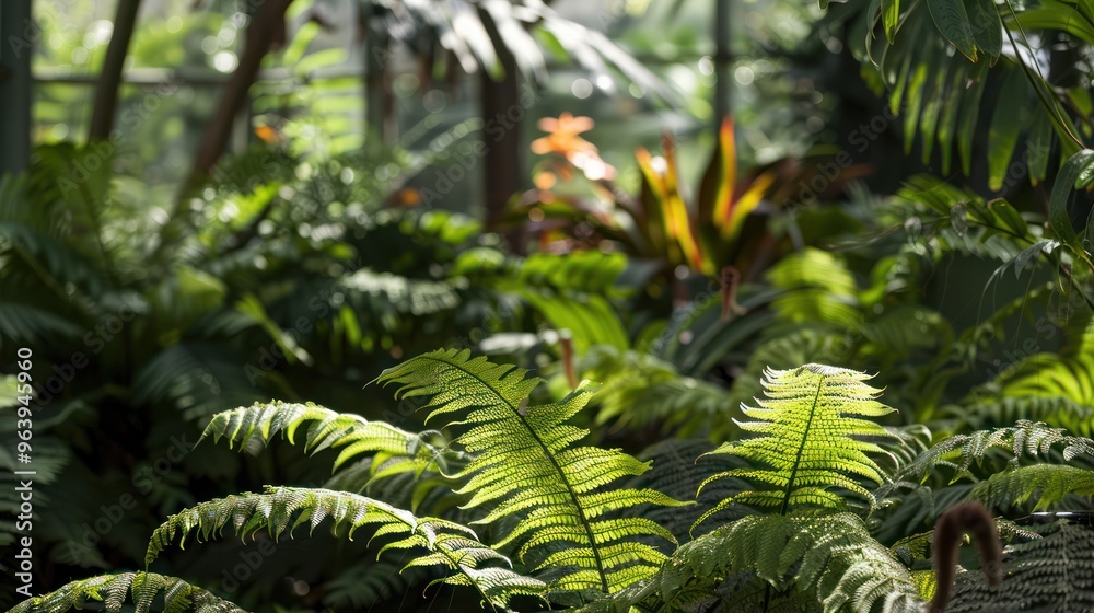 Sunlight Through Fern Fronds in a Lush Green Tropical Garden Sunlight Through Fern Fronds in a Lush Green Tropical Garden