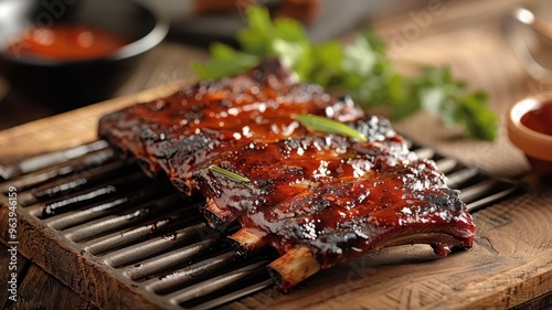 A rack of smoky barbecue ribs on a rustic wooden table.