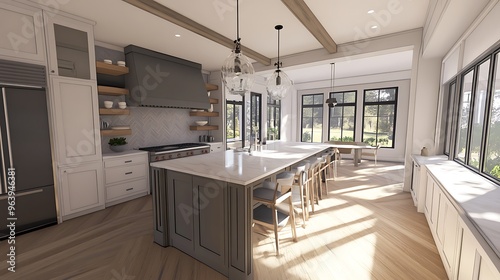 Modern Kitchen with Island, Cabinets, and Windows