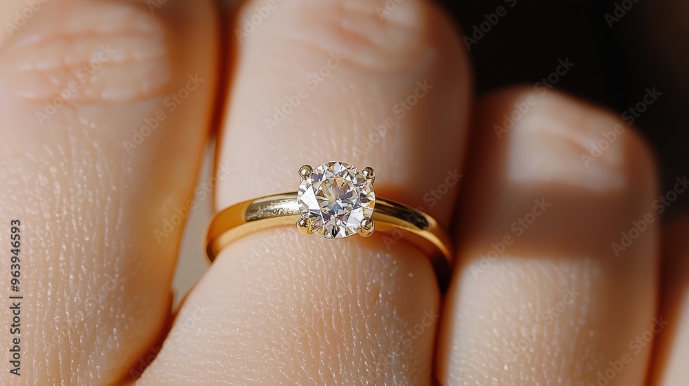 Obraz premium Diamond Engagement Ring on Finger Close Up View