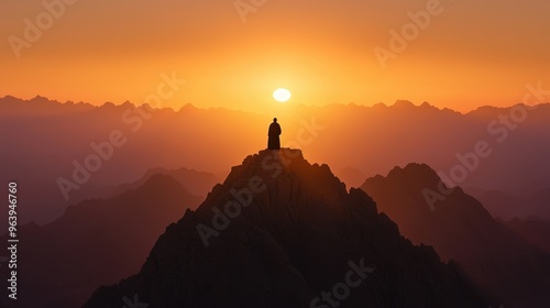 Silhouette of a Person on Mountain Peak at Sunset