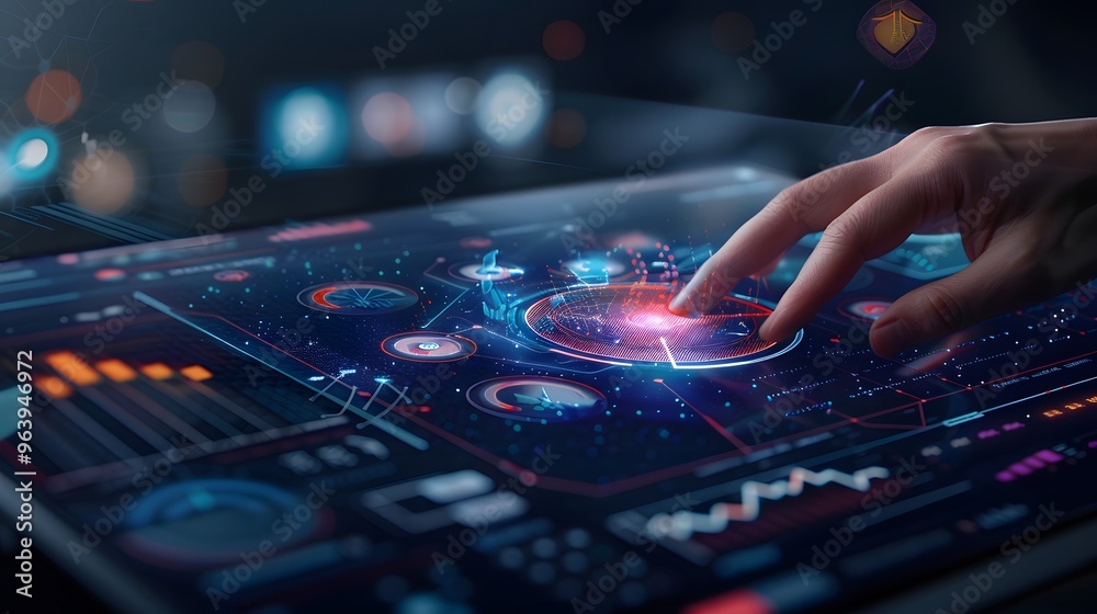 A close-up of a hand interacting with a futuristic touchscreen interface, showcasing advanced technology and digital data visualization. A close-up of a hand interacting with a futuristic touchscreen interface, showcasing advanced technology and digital data visualization.