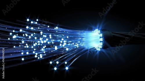 Glowing blue fiber optic cables spreading out against black background