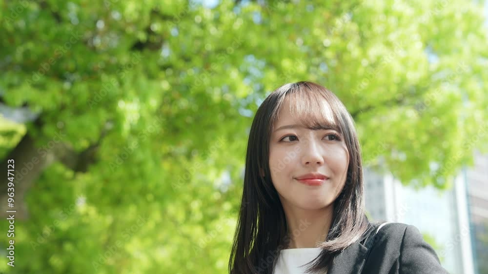 新緑を背景に空を見上げる女性ビジネスパーソン 新緑を背景に空を見上げる女性ビジネスパーソン