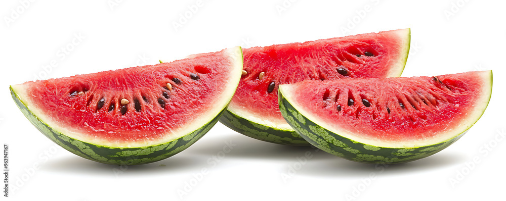 Close-up of fresh, juicy watermelon slices isolated on a white background Close-up of fresh, juicy watermelon slices isolated on a white background