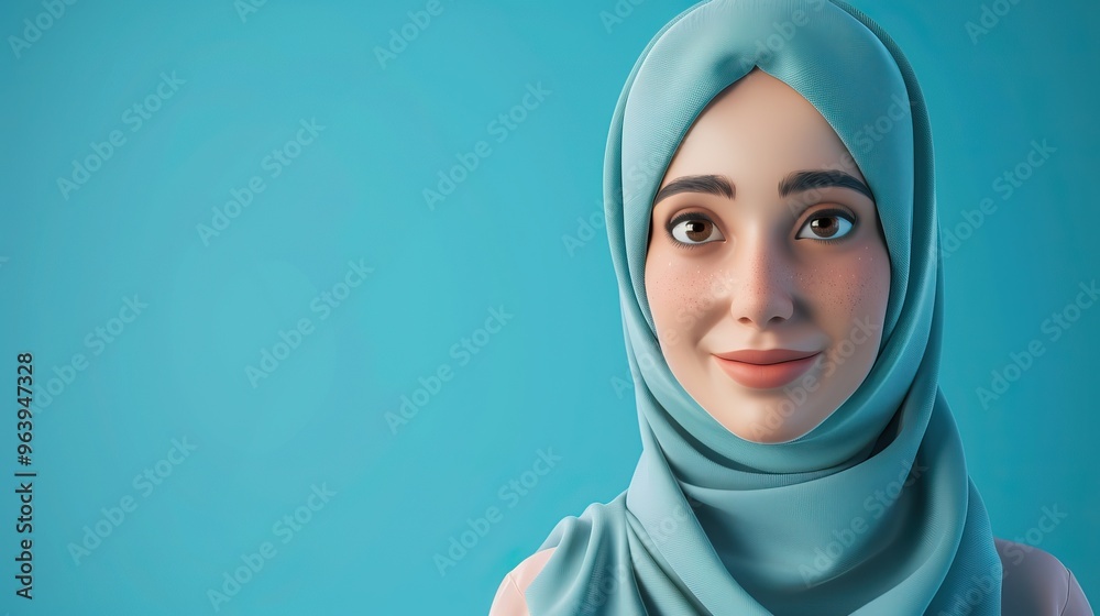 Middle Eastern woman wearing light blue hijab with gentle smile against blue background
