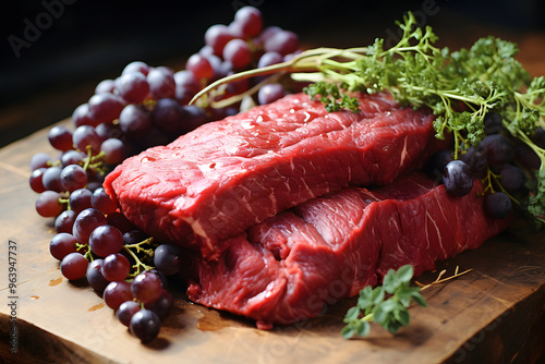 The raw venison steak with grapes is ready to cook. photo