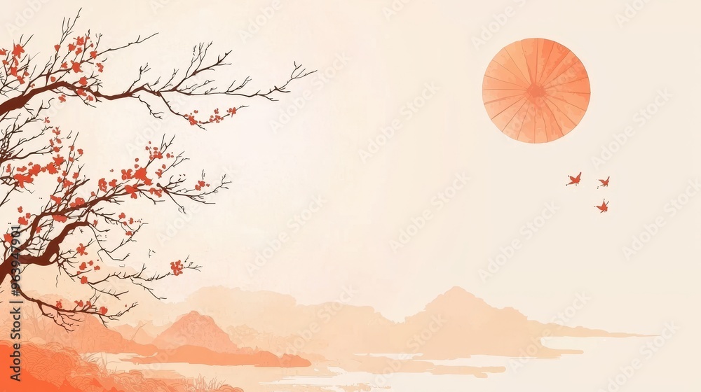 Obraz premium Watercolor Painting of a Branch with Flowers and a Mountain Range