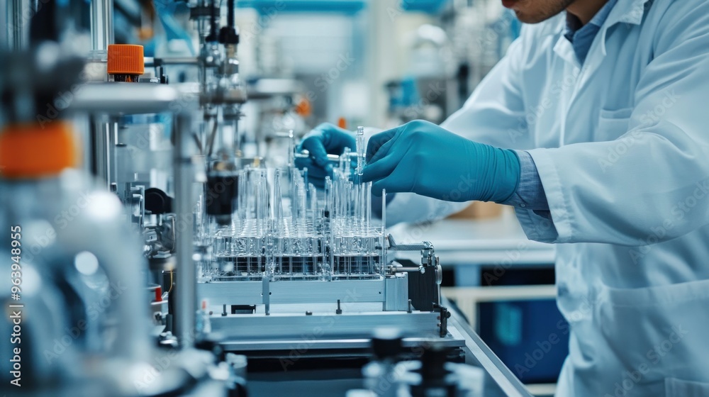 young engineer man assembling a hydrogen fuel cell in a high-tech lab, tools and equipment in focus young engineer man assembling a hydrogen fuel cell in a high-tech lab, tools and equipment in focus
