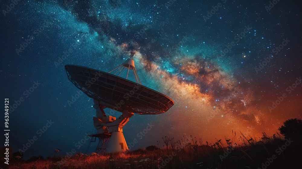 Large radio telescope dish against night sky with visible Milky Way galaxy Large radio telescope dish against night sky with visible Milky Way galaxy