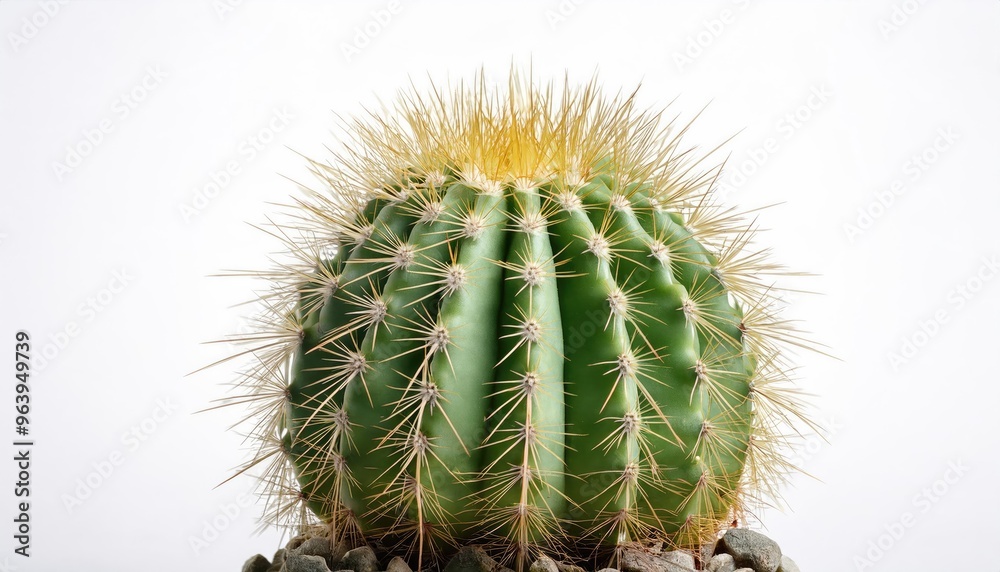Green Cactus with Thorns on White Background. Green Cactus with Thorns on White Background.