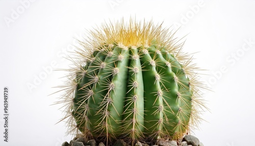 Green Cactus with Thorns on White Background.