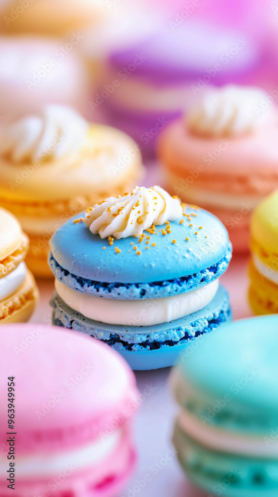 Blue macaron with cream and colorful background Blue macaron with cream and colorful background
