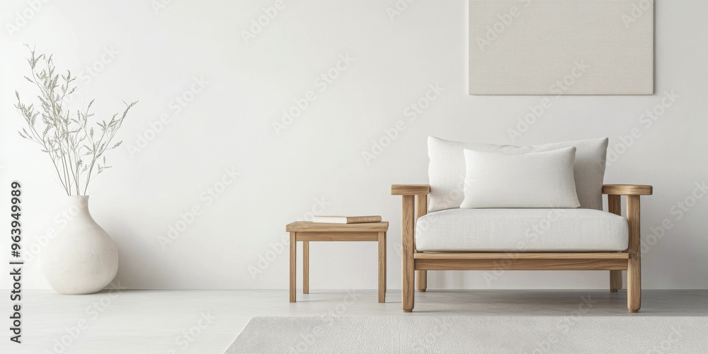 Fototapeta premium Mediterranean living room interiors in a luxury villa with coastal decor and minimal furniture. Coastal interior design composition with natural lighting.