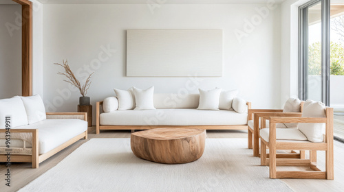 Mediterranean living room interiors in a luxury villa with coastal decor and minimal furniture. Coastal interior design composition with natural lighting.