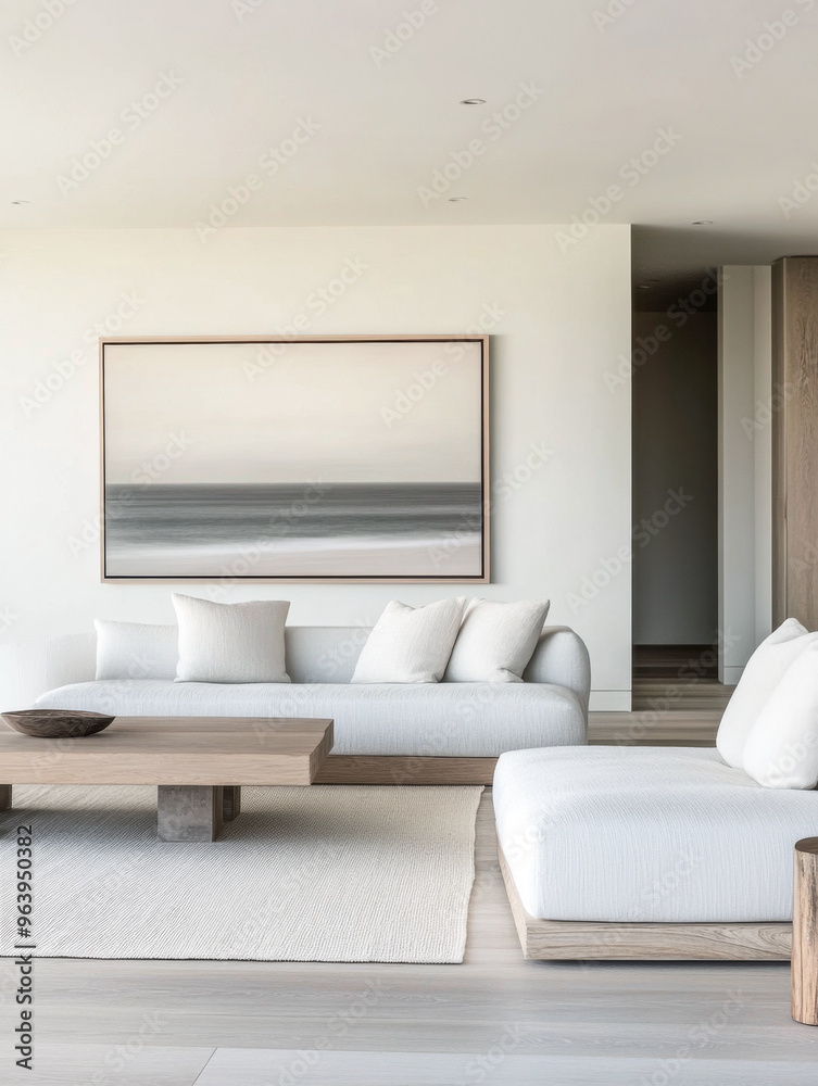 Mediterranean living room interiors in a luxury villa with coastal decor and minimal furniture. Coastal interior design composition with natural lighting. Mediterranean living room interiors in a luxury villa with coastal decor and minimal furniture. Coastal interior design composition with natural lighting.