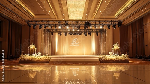 Luxurious Korean Engagement Party Decorations in a Spacious Empty Hall with a Grand Stage. An elegant setting featuring sophisticated decorations, opulent furnishings, and a beautifully arranged stage photo