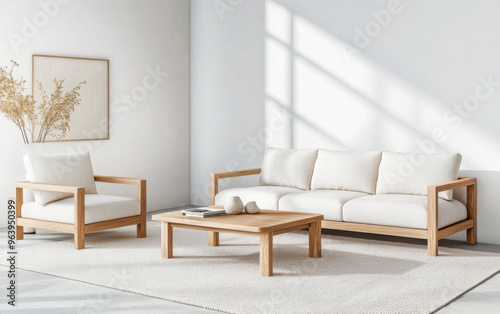 Mediterranean living room interiors in a luxury villa with coastal decor and minimal furniture. Coastal interior design composition with natural lighting.