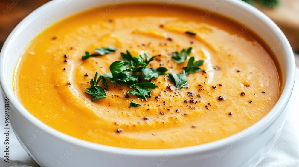 Delicious creamy soup garnished with fresh herbs and black pepper, perfect for a cozy meal. Delicious creamy soup garnished with fresh herbs and black pepper, perfect for a cozy meal.