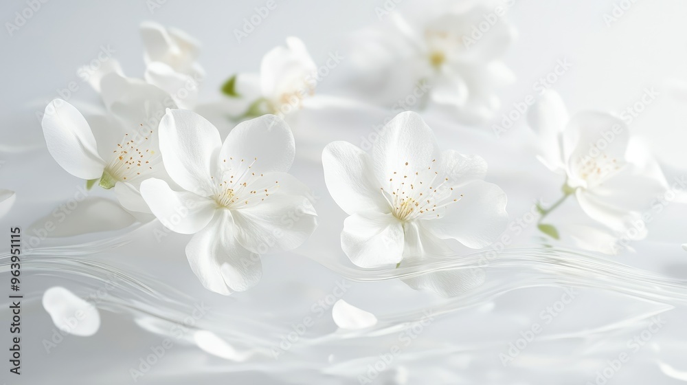 Delicate white flowers floating on a dynamic white backdrop, creating a soft and calming floral background ideal for decor or design Delicate white flowers floating on a dynamic white backdrop, creating a soft and calming floral background ideal for decor or design