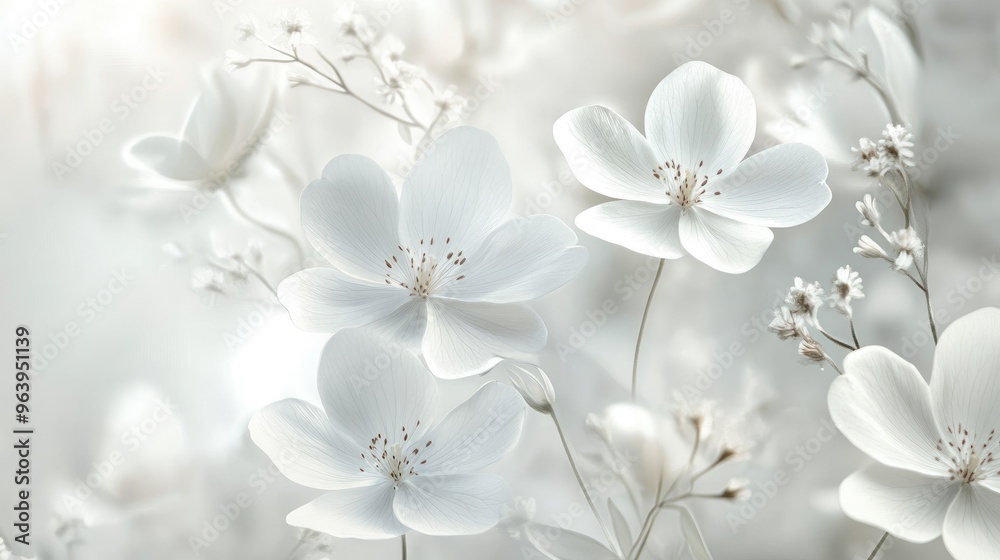 Delicate white flowers gracefully arranged on a dynamic white background, providing a soft, elegant floral theme for design and decoration Delicate white flowers gracefully arranged on a dynamic white background, providing a soft, elegant floral theme for design and decoration