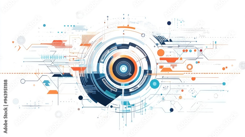 Obraz premium Detailed abstract technology vector featuring dynamic elements, placed on a white background, representing cutting-edge innovation