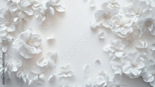 Delicate white flowers gracefully arranged on a dynamic white background, providing a soft, elegant floral theme for design and decoration