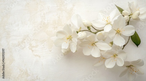 Graceful white flowers against a textured white background, creating an elegant and calming floral backdrop for design and decor