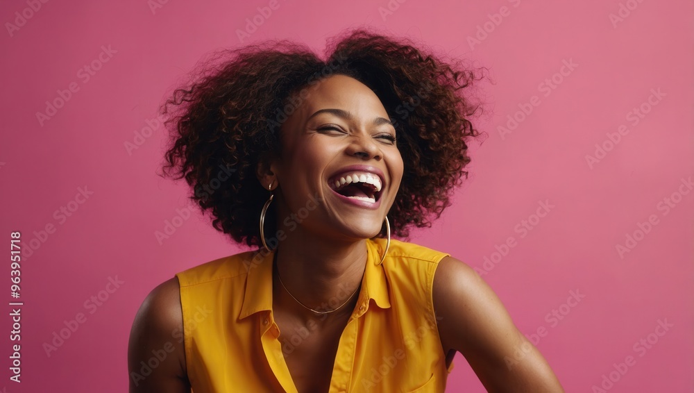 A African American woman with curly hair is laughing and smiling A African American woman with curly hair is laughing and smiling