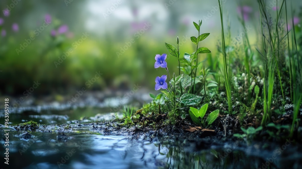 Macro view of tiny snake plant and morning glory, thriving in a bog along a nature trail, with a detailed, realistic background Macro view of tiny snake plant and morning glory, thriving in a bog along a nature trail, with a detailed, realistic background